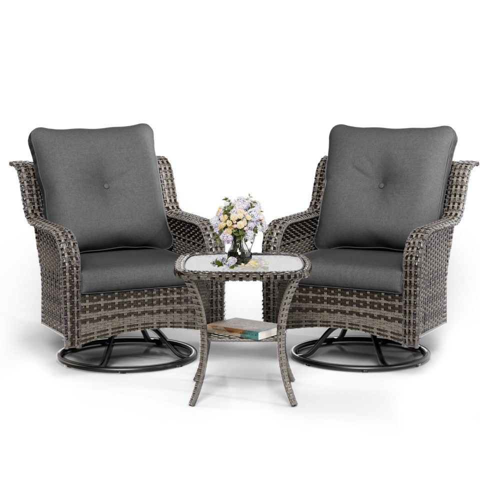 Gift-Ready UDPATIO 3 Pieces Patio Furniture Set, Outdoor Swivel Gliders Rocker, Wicker Patio Bistro Set with Rattan Rocking Chair, Glass Top Side Table and Thickened Cushions for Porch Deck Backyard (Dark Grey)