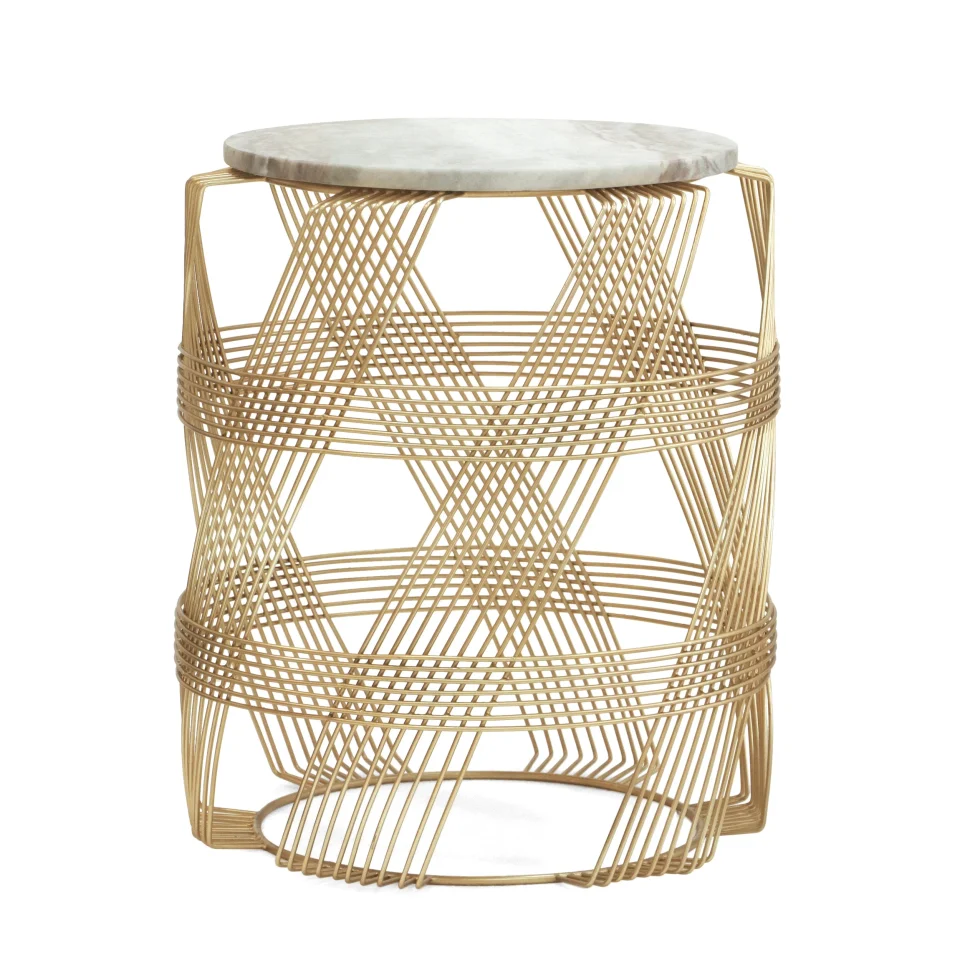 Healthy Ackland Modern Glam Handcrafted Marble Top Wire Frame Side Table, Natural and Gold