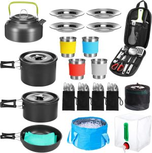 Thickened Gift-Ready Camping Cookware Set. Gejoy 42 Pcs Camping Cookware Mess Kit. Non Stick Lightweight Pots Pan Kettle. Collapsible Water Container and Bucket