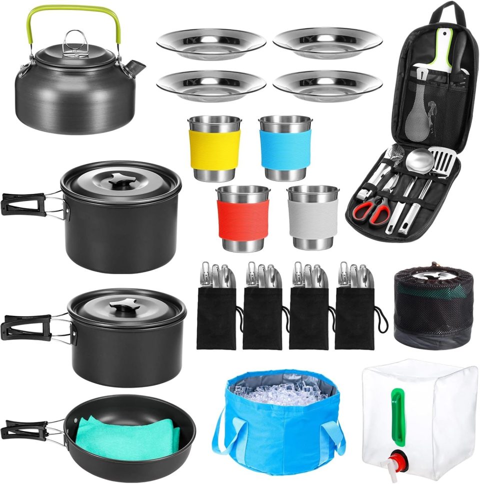 Thickened Gift-Ready Camping Cookware Set. Gejoy 42 Pcs Camping Cookware Mess Kit. Non Stick Lightweight Pots Pan Kettle. Collapsible Water Container and Bucket