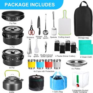 Thickened Gift-Ready Camping Cookware Set. Gejoy 42 Pcs Camping Cookware Mess Kit. Non Stick Lightweight Pots Pan Kettle. Collapsible Water Container and Bucket
