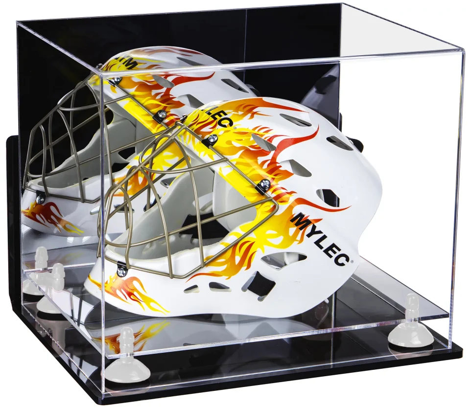 Outdoor Storage Deluxe Acrylic Lacrosse Helmet Display Case with Mirror, Wall Mount, White Risers and Clear Base (A002-WR)