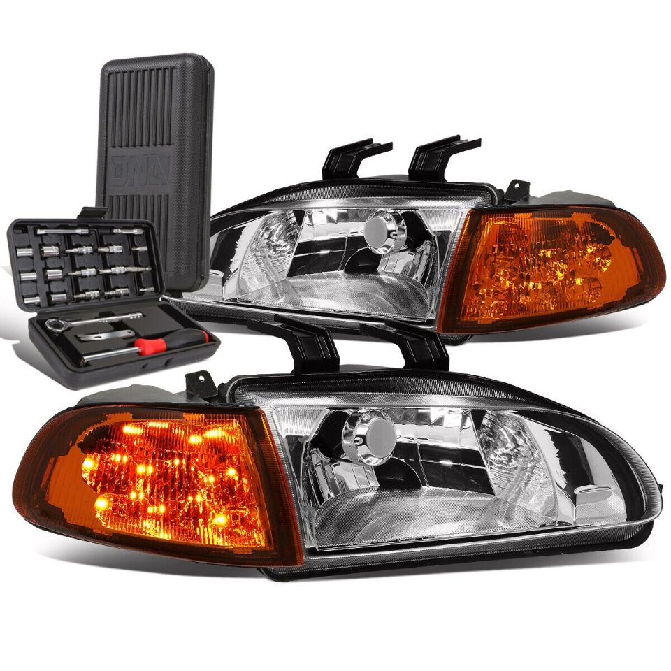 Ceramic 1992-1995 Honda Civic Chrome Housing LED Turn Signal Headlight Lamp+Tool Box