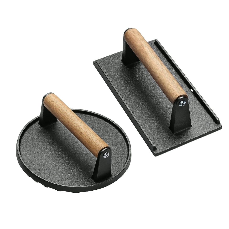 Dining 2 Pieces Grill Press BBQ Press Heavy Duty Cast Iron Patty Meat Press Tool for Hand Grabbing Pie BBQ Outdoor Press Meat Steak