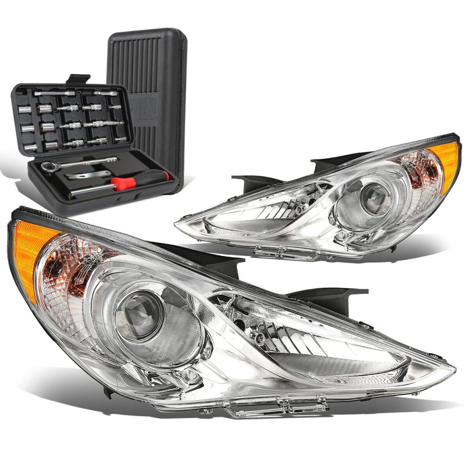 Polished Popular 2011-2014 Sonata Pair Chrome/Amber Signal Projector Headlight Lamp+Tool Box