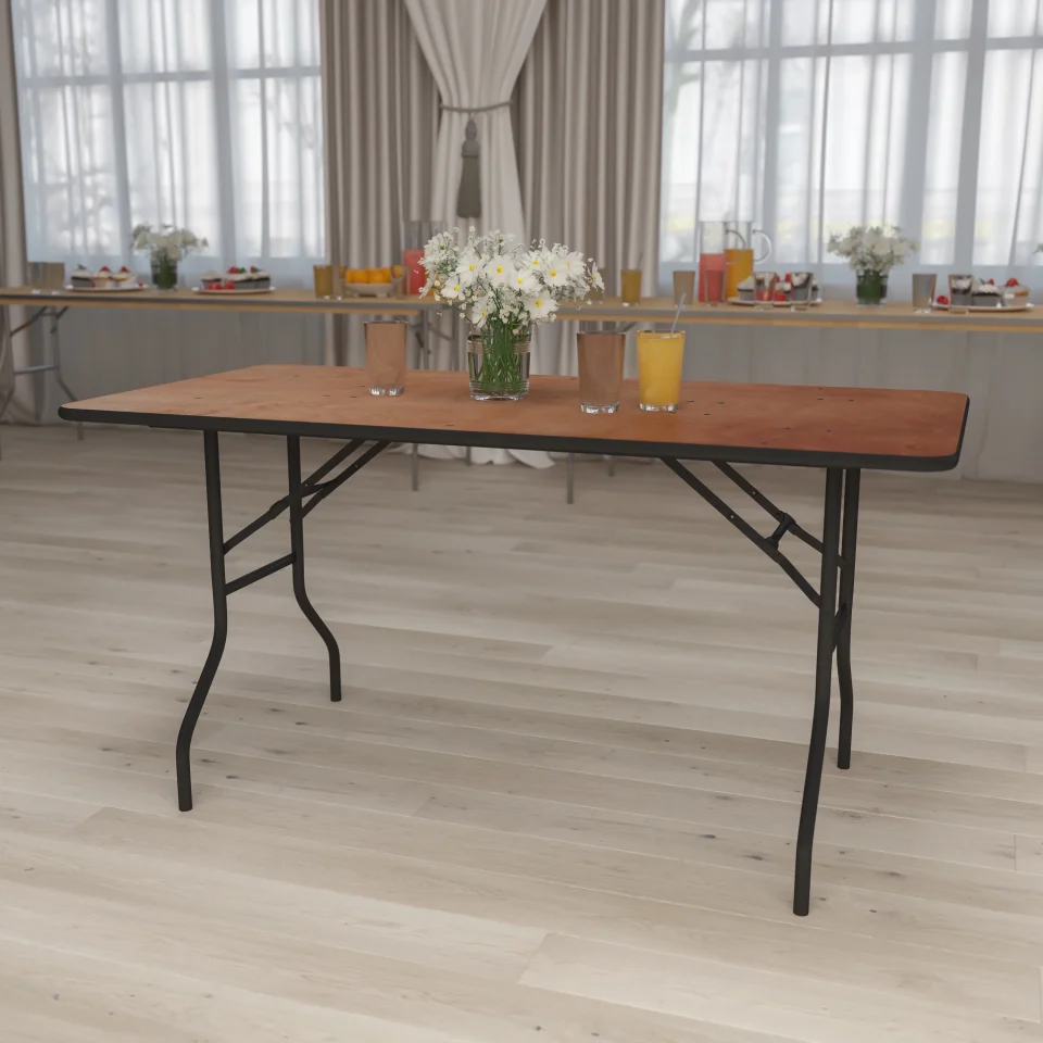 Ultimate Wooden Emma + Oliver 5-Foot Rectangular Wood Folding Banquet Table with Clear Coated Finished Top