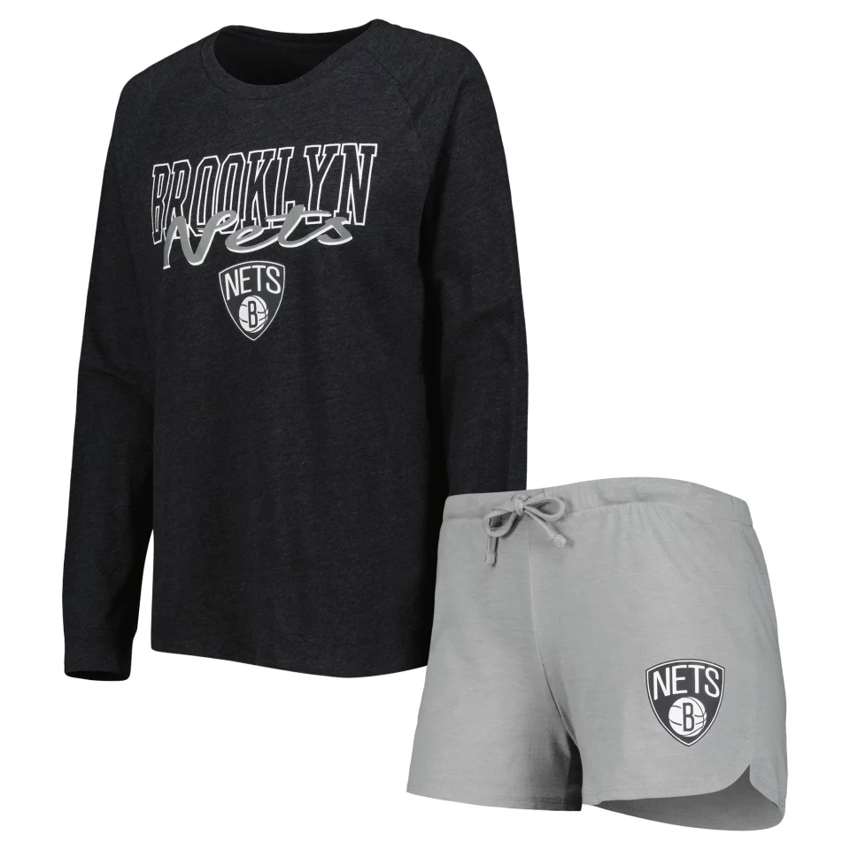 Clear Women's Concepts Sport Heather Black/Heather Gray Brooklyn Nets Team Raglan Long Sleeve T-Shirt & Shorts Sleep Set