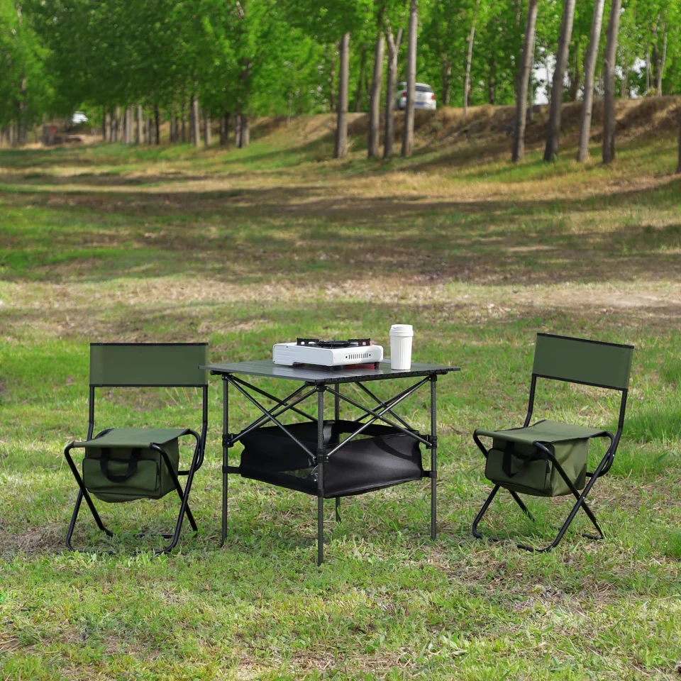 Eco-Friendly BPA-Free CoSoTower Set of 3, Folding Outdoor Table and Chairs Set for Indoor, Outdoor Camping, Picnics, Beach, Backyard, BBQ, Party, Patio, Black/Green