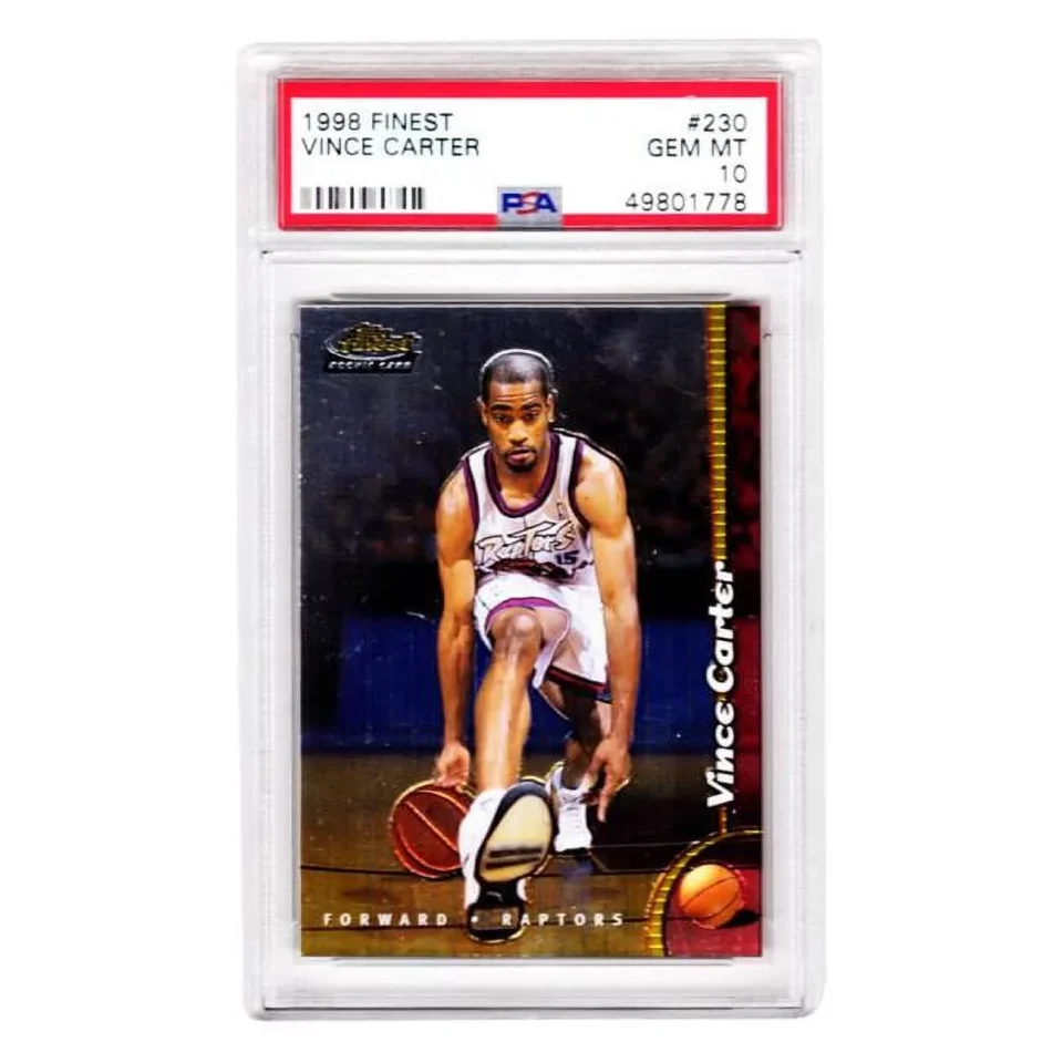 Glass Popular Schwartz Sports Memorabilia NBA Toronto Raptors Vince Carter 1998 Topps Finest Basketball No. 230 RC Rookie Card - PSA 10 GEM Mint