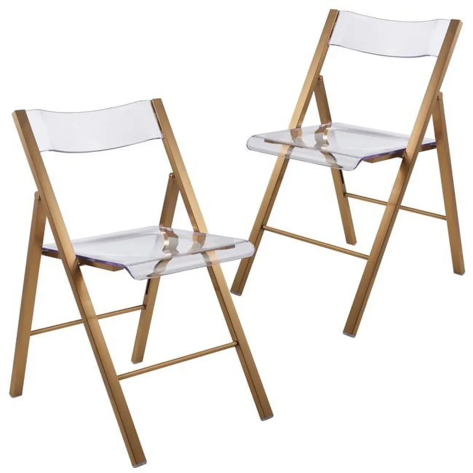 Outdoor Cooking 30 x 17.52 x 17.72 in. Menno Mid-Century Modern Acrylic Folding Chair with Stainless Steel Frame, Brushed Gold - Set of 2