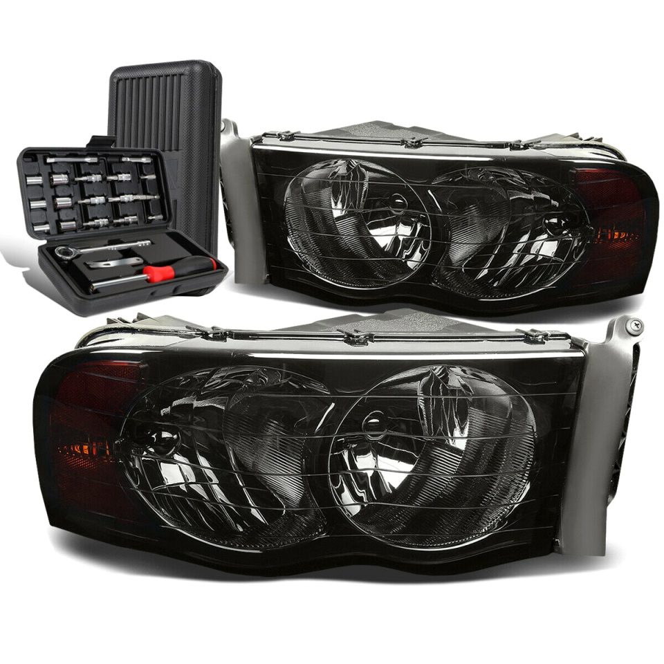 Ceramic Bamboo 2002-2005 Dodge Ram Pickup Pair Smoked/Amber Signal Headlight Lamps+Tool Box