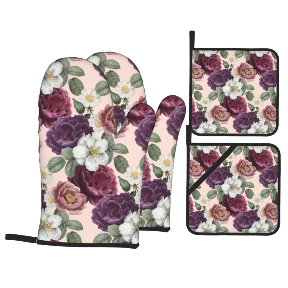 Home XMXT Waterproof Oven Mitts and Pot Holders Sets, Vintage Elegant Rose Sets Kitchen Cooking Heat Resistant, 4 Pcs