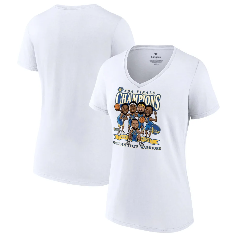 Food-Grade Multi-Purpose Women's Fanatics Branded White Golden State Warriors 2022 NBA Finals Champions Caricature V-Neck T-Shirt