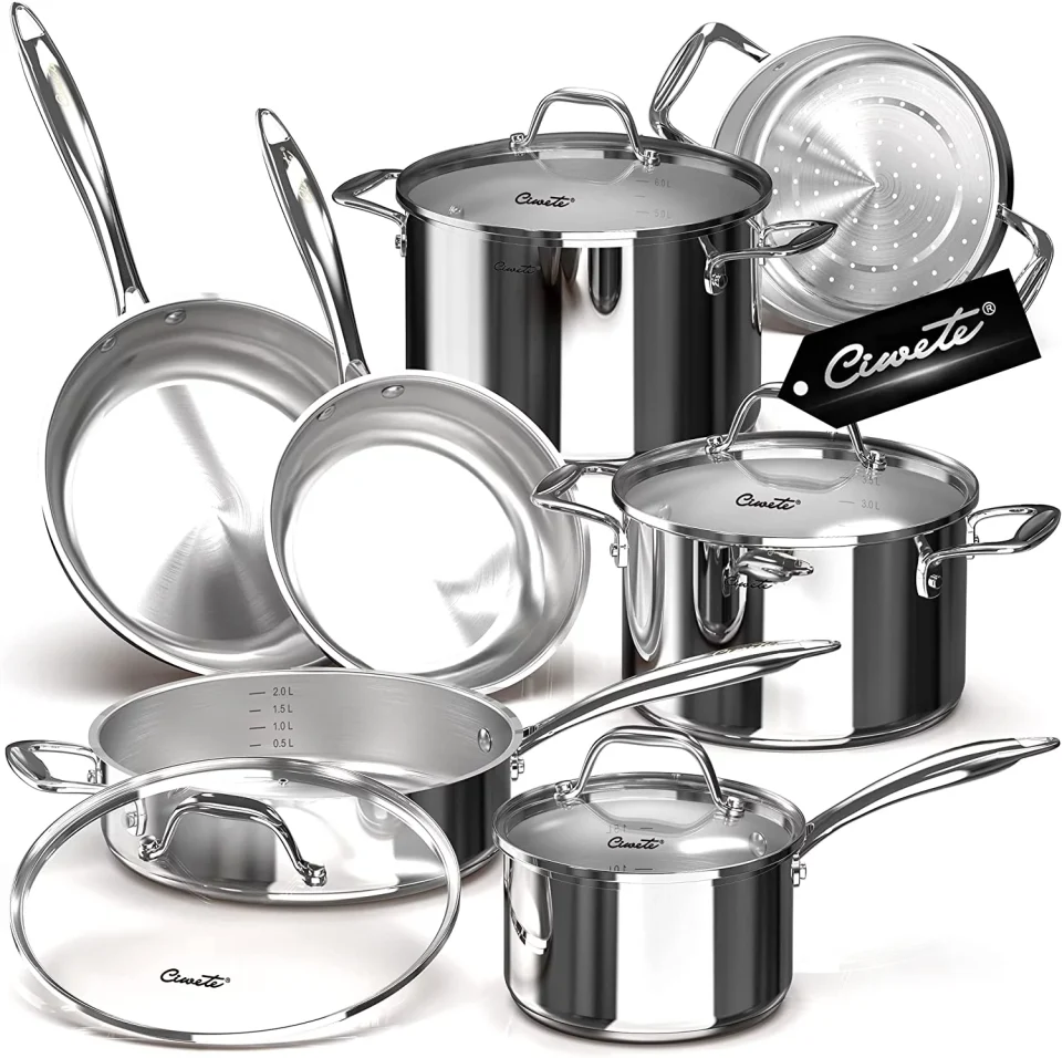 Frosted Stainless Steel Pots and Pans Set 11-Piece Kitchen Cookware Sets with Steamer Insert 18/10 Stainless Steel Induction Cookware Set with Stay Cool Long Handles Dishwasher Oven Safe