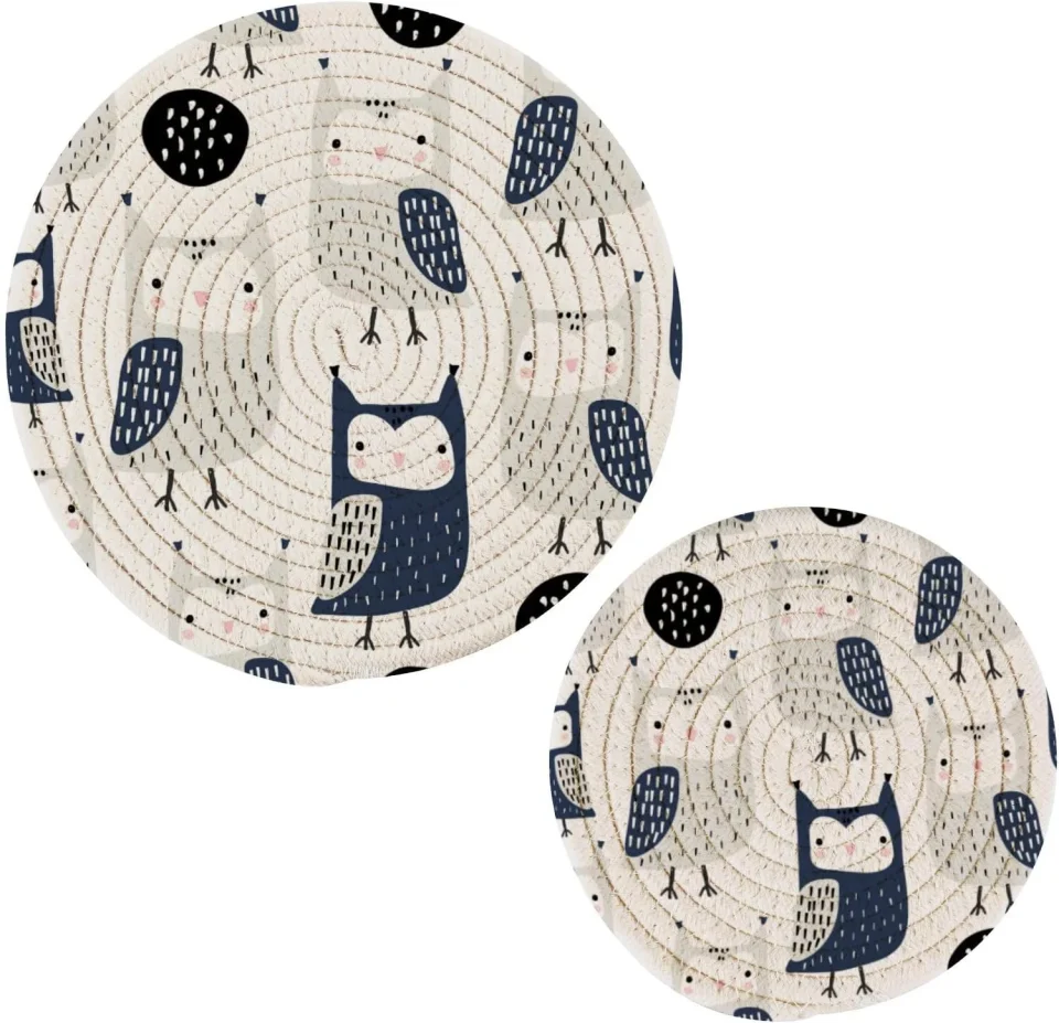 Thickened Popular Hotbar Cute Owls Cotton Pot Holder Set of 2, Pure Cotton Heat Resistant Wear-Resistant and Non-Slip Stylish Round Pot Holder for Daily Kitchen,Dining Table,Office,Cafe, Restaurant,BBQ