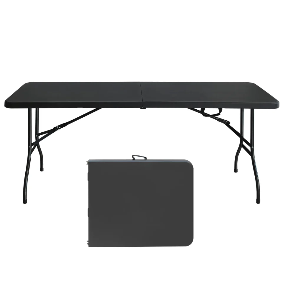 Eco-Friendly Stainless Steel 6ft Folding Table, Portable Plastic Table for Camping, Picnics, Parties, High Load Bearing Foldable Table Black