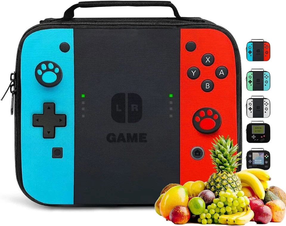 Wooden Bamboo Insulated Lunch Box for Boys Girls, Game Lunch Bag for Work Office Travel Picnic Hiking Beach, Waterproof Leakproof Portable Fits Most Lunch Bento Boxes