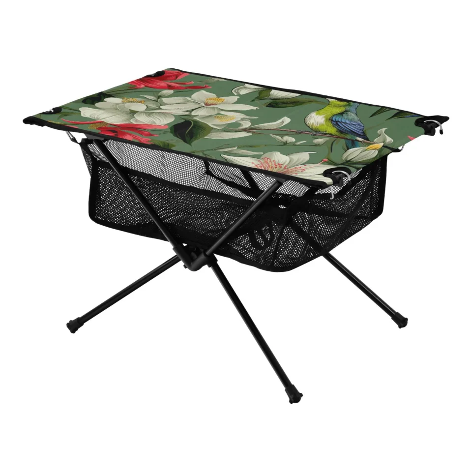Baking Value Lily Floral and Birds Camping Folding Table Portable Beach Table with Storage Bag Compact Picnic Table for Outdoor Travel Fishing BBQ