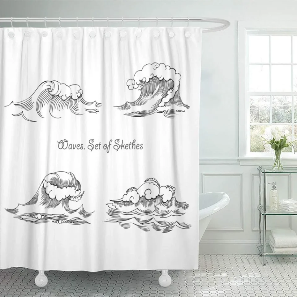 Natural Baking KSADK Sketch Waves of Sketches Black and White Doodle Sea Line Surf Beach Ocean Splash Shower Curtain 66x72 inch