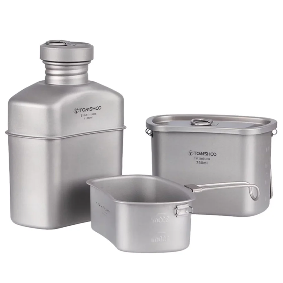 Thickened ametoys Bottle Canteen Cups Set Ultralight Cooking Set Camping Cookware Dinnerware Drinking Kettle with Camouflage Bag 1100ml + 750ml + 400ml
