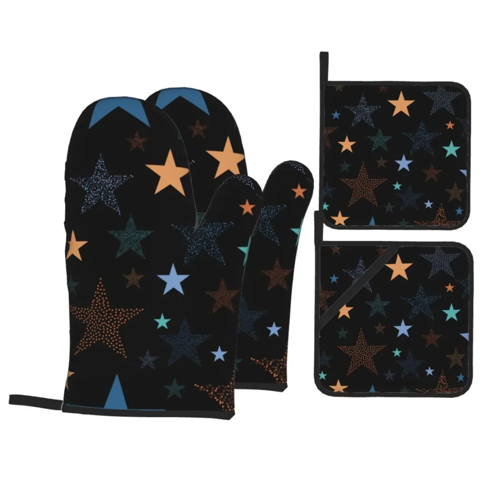Upgraded ZNDUO Oven Mitts and Pot Holders Sets, Colorful Vintage Star Abstract Pattern Non-Slip Cooking Oven Mitts