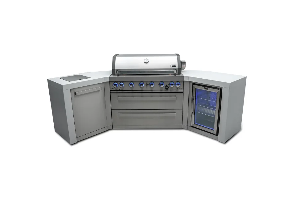 Durable Mont Alpi 805 Deluxe Island Grill with 45 degree corners and fridge cabinet