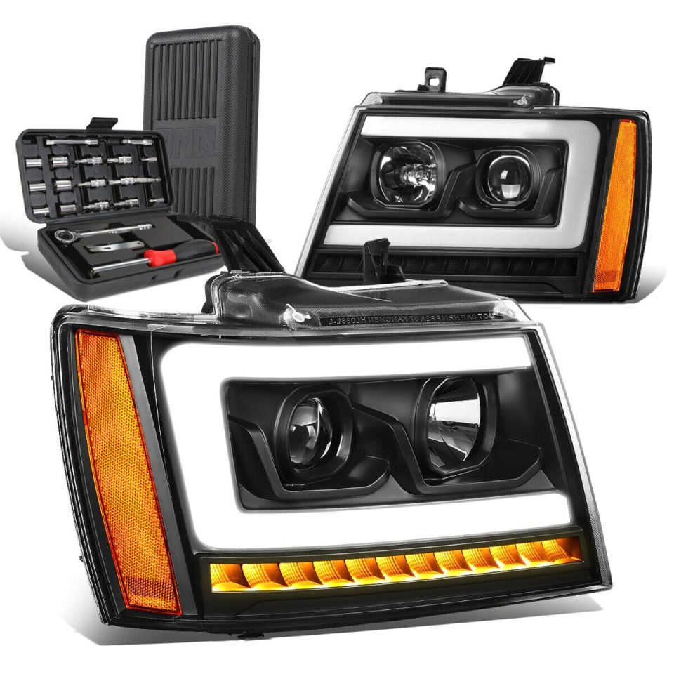 Prime Office 2007-2014 Tahoe Suburban LED Tube Sequential Projector Headlight+Tool Box