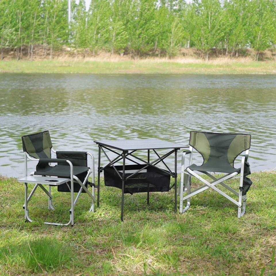 Storage HQZX Set of 3 Folding Outdoor Table and Chairs Set for Outdoor Camping, Picnics, Patio, Black/Green