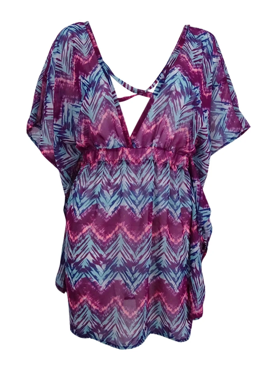 Bamboo Miken Womens Chevron-Print Cross-Back Poncho Dress Swim Cover-Up (Multi, S)