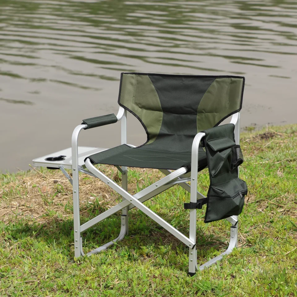 BPA-Free 1-piece Padded Folding Outdoor Chair with Side Table and Storage Pockets,Lightweight Oversized Directors Chair for indoor, Outdoor Camping, Picnics and Fishing,Green