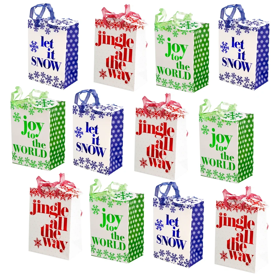 Travel Christmas Medium Gift Bags with Foil Hot Stamp and Ribbon Handles, 12 Pack