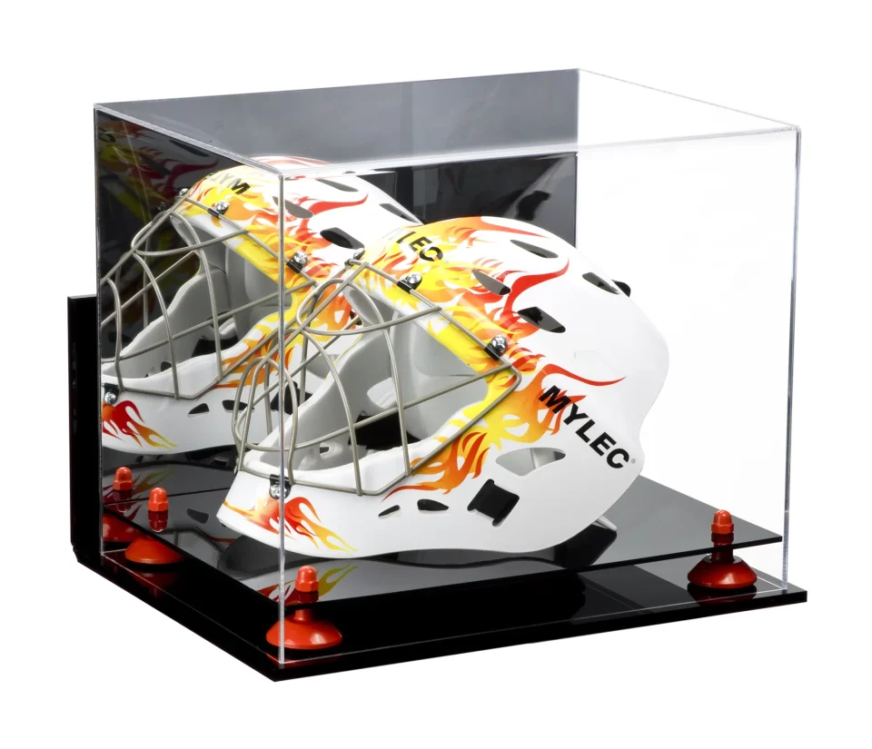 Safe Leak-Proof Deluxe Acrylic Lacrosse Helmet Display Case with Orange Risers Mirror and Wall Mount (A002-OR)