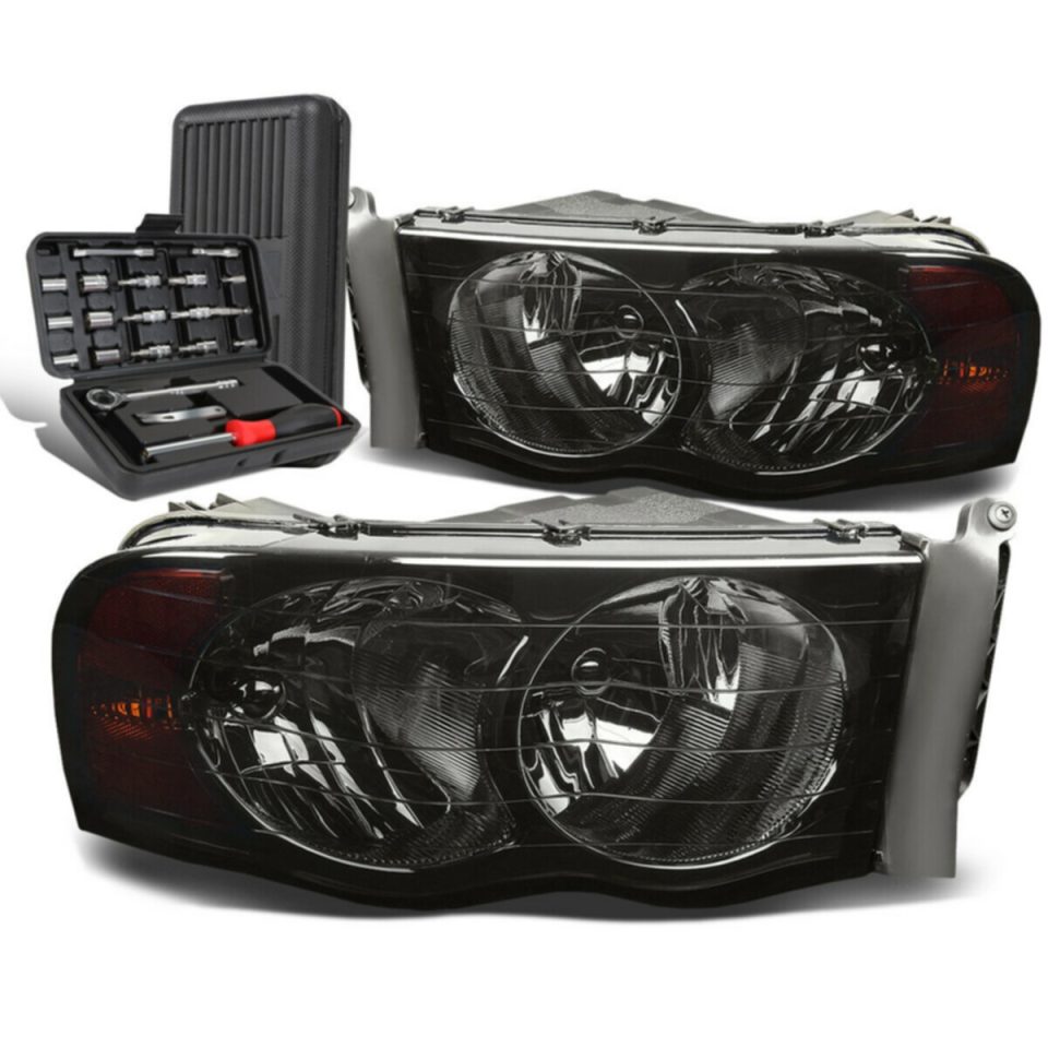 Supreme Versatile 2002-2005 Dodge Ram Pickup Pair Smoked/Amber Signal Headlight Lamps+Tool Box