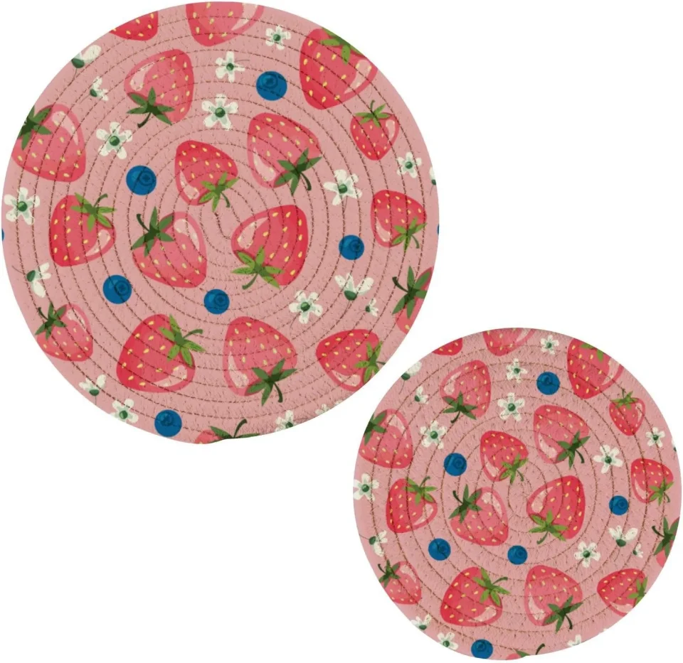 Dining Best-Selling Bestwell Strawberry Summer Cotton Pot Holder Set of 2, Pure Cotton Heat Resistant Wear-Resistant and Non-Slip Stylish Round Pot Holder for Daily Kitchen,Dining Table,Office,Cafe, Restaurant,BBQ
