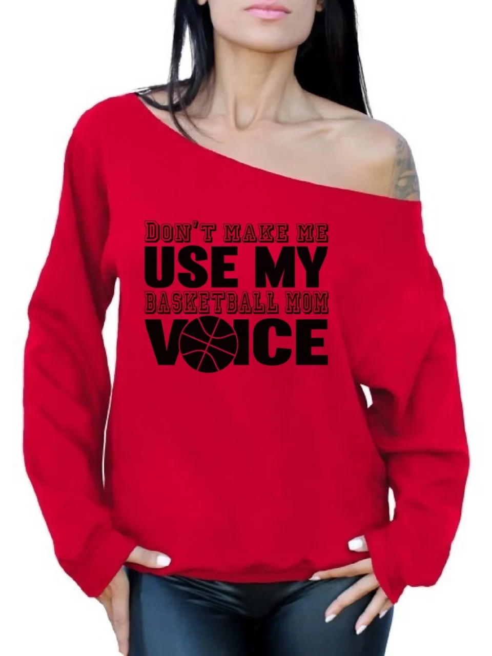 Non-Toxic Multi-Purpose Awkward Styles Women's Don't Make Me Use My Basketball Mom Voice Graphic Off Shoulder Tops Oversized Sweatshirt Black Sport Mom