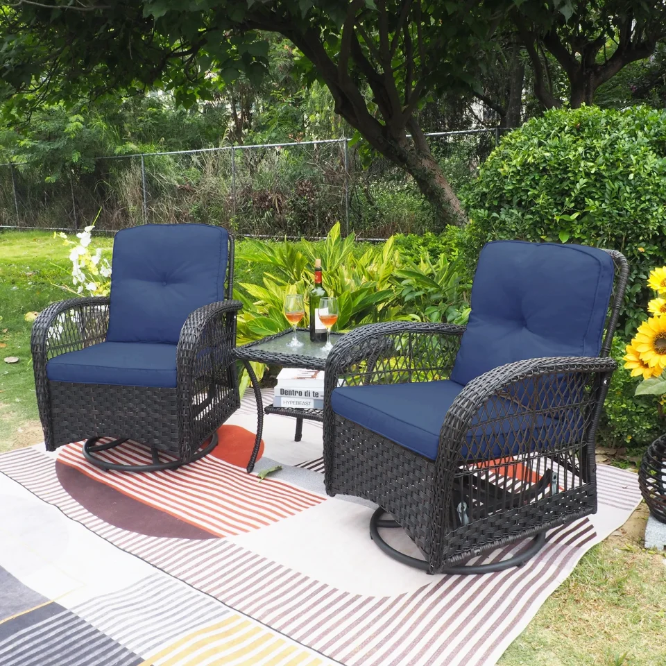 Top-Rated Skypatio 3PCS Outdoor Swivel Rocker, Patio RattanFurniture Rocker Sets,2 Chairs & Side Table, Navy Blue