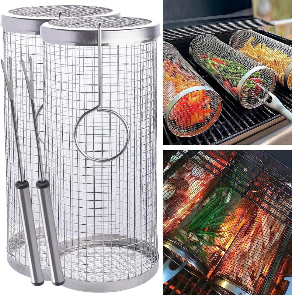 Premium Gift-Ready [2 PCS] 2023 New Rolling Grill Baskets for Outdoor Grill BBQ Grill Basket - Grilling Accessories for Outdoor Grill Stainless Steel Grill Baskets for Fish, Shrimp, Meat, Vegetables, French Fries