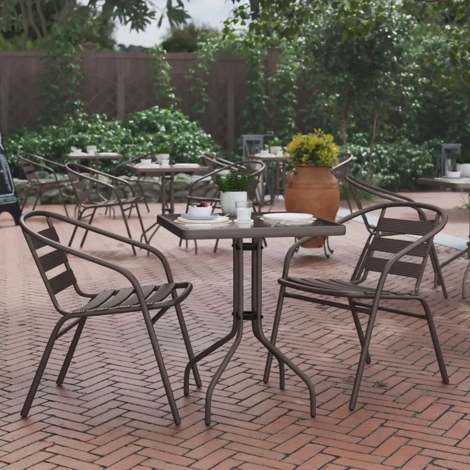 Home Flash Furniture 23.5 Square Glass Metal Table with 2 Metal Aluminum Slat Stack Chairs Bronze